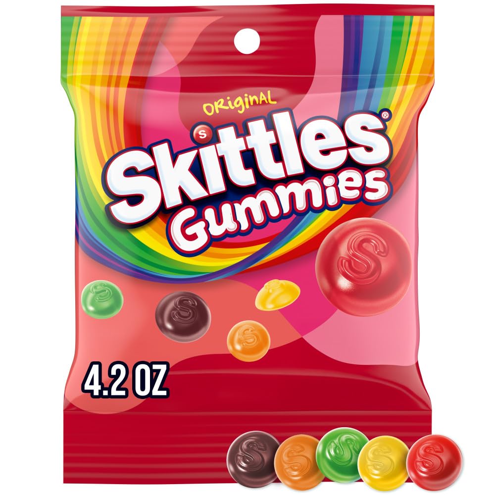 Skittles gummies front packaging showing colorful bags and brand appeal