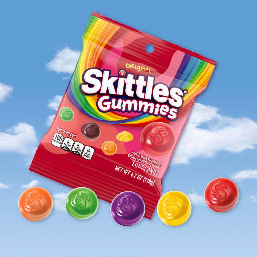 Skittles gummies open bag with visible candies for easy serving