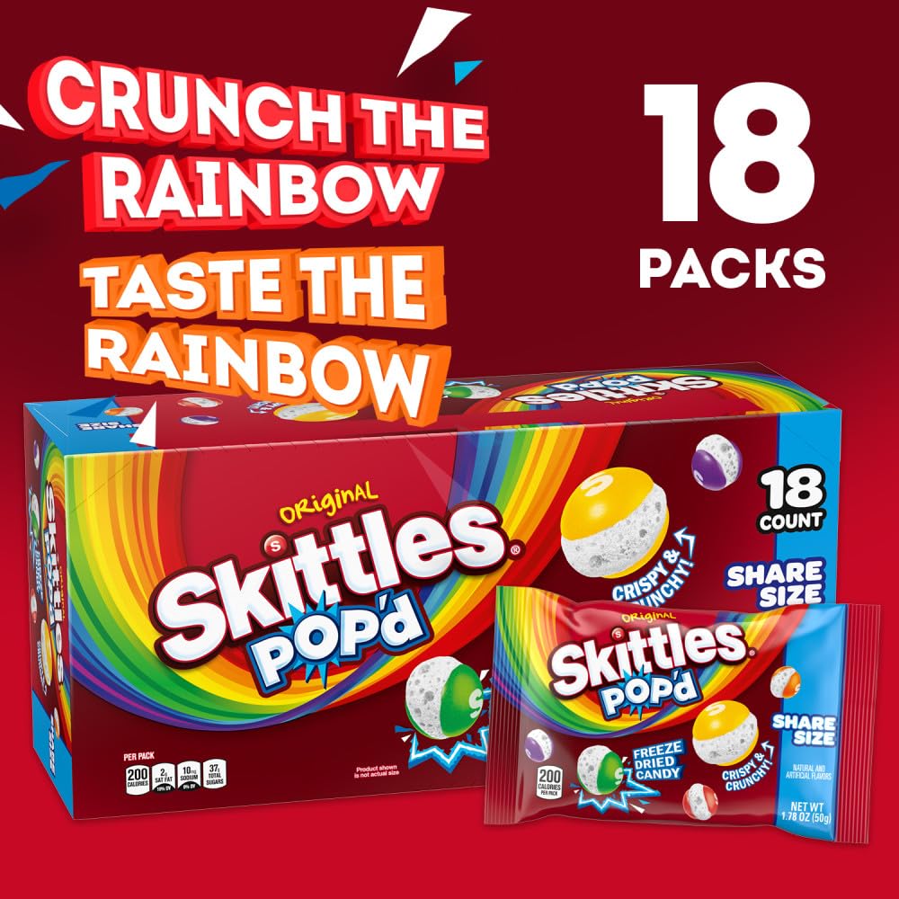 skittles pop'd close texture shot highlighting crunchy freeze-dried pieces and bold flavor