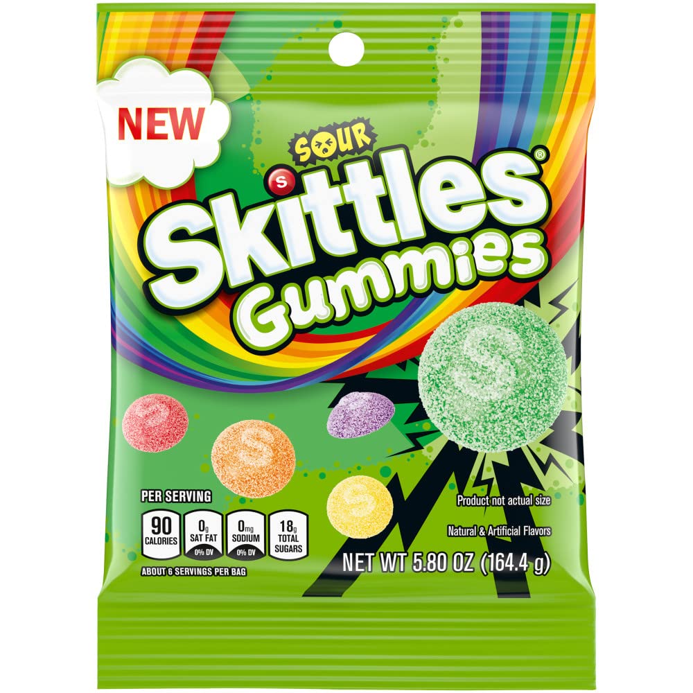Skittles front pack showing bright sour gummies and branding for easy recognition