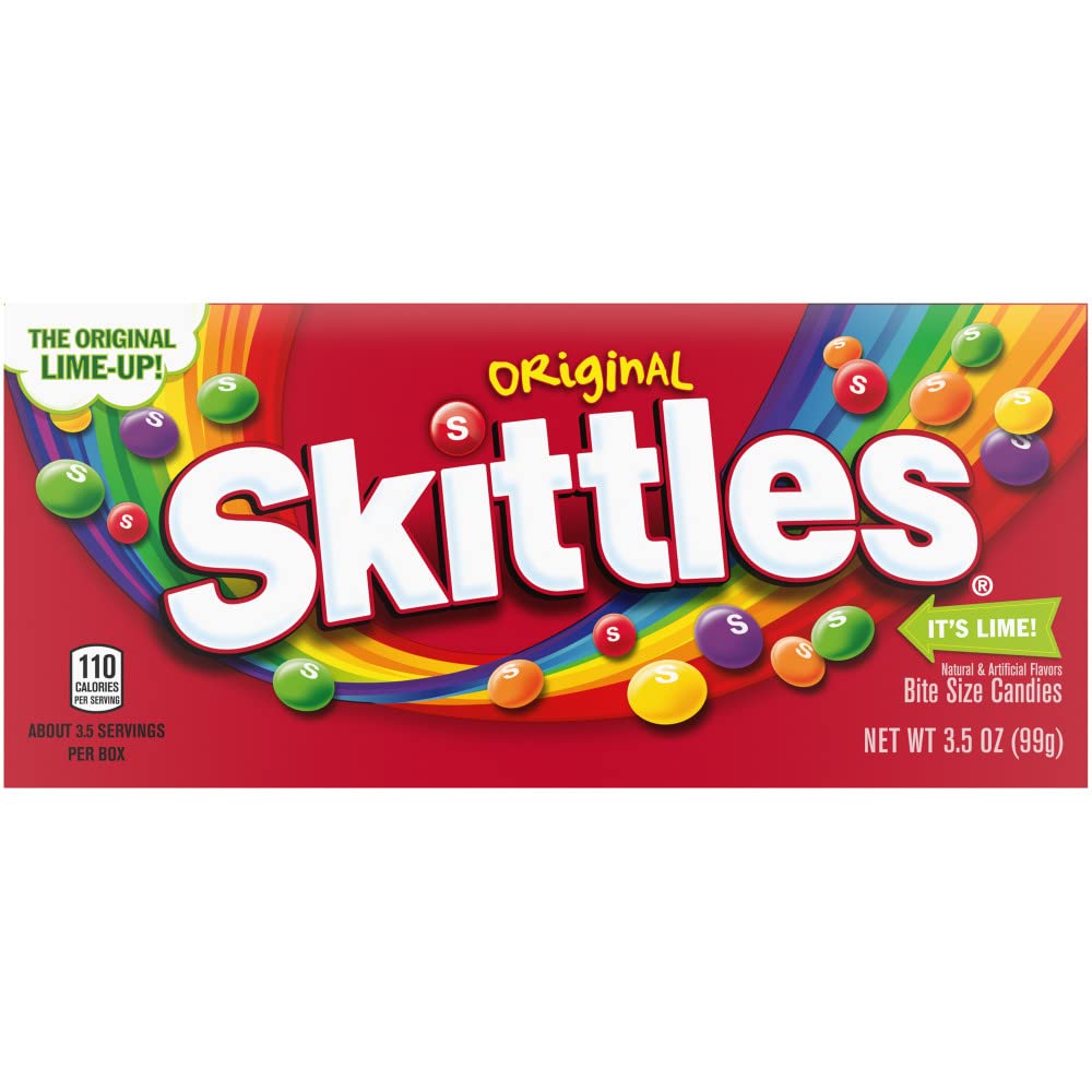 Skittles theater box front packaging showing bright branding and easy sharing
