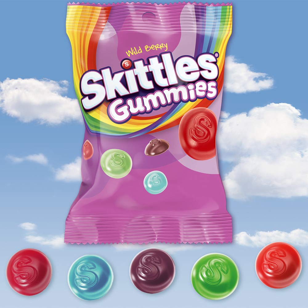 Skittles Wild Berry open bag with gummies spilling, convenient for sharing