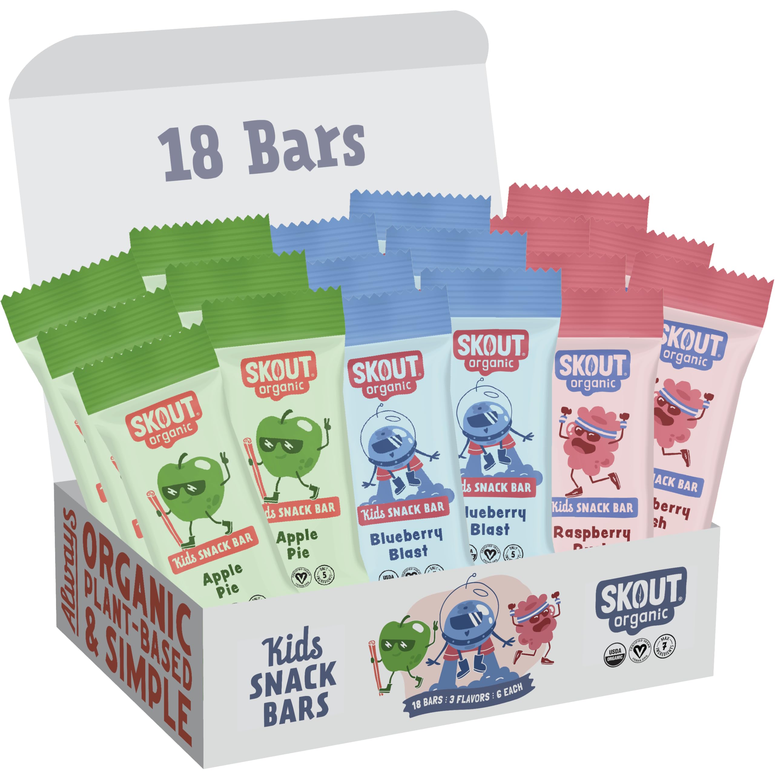 Skout Organic front packaging showing 18-count variety pack and benefits