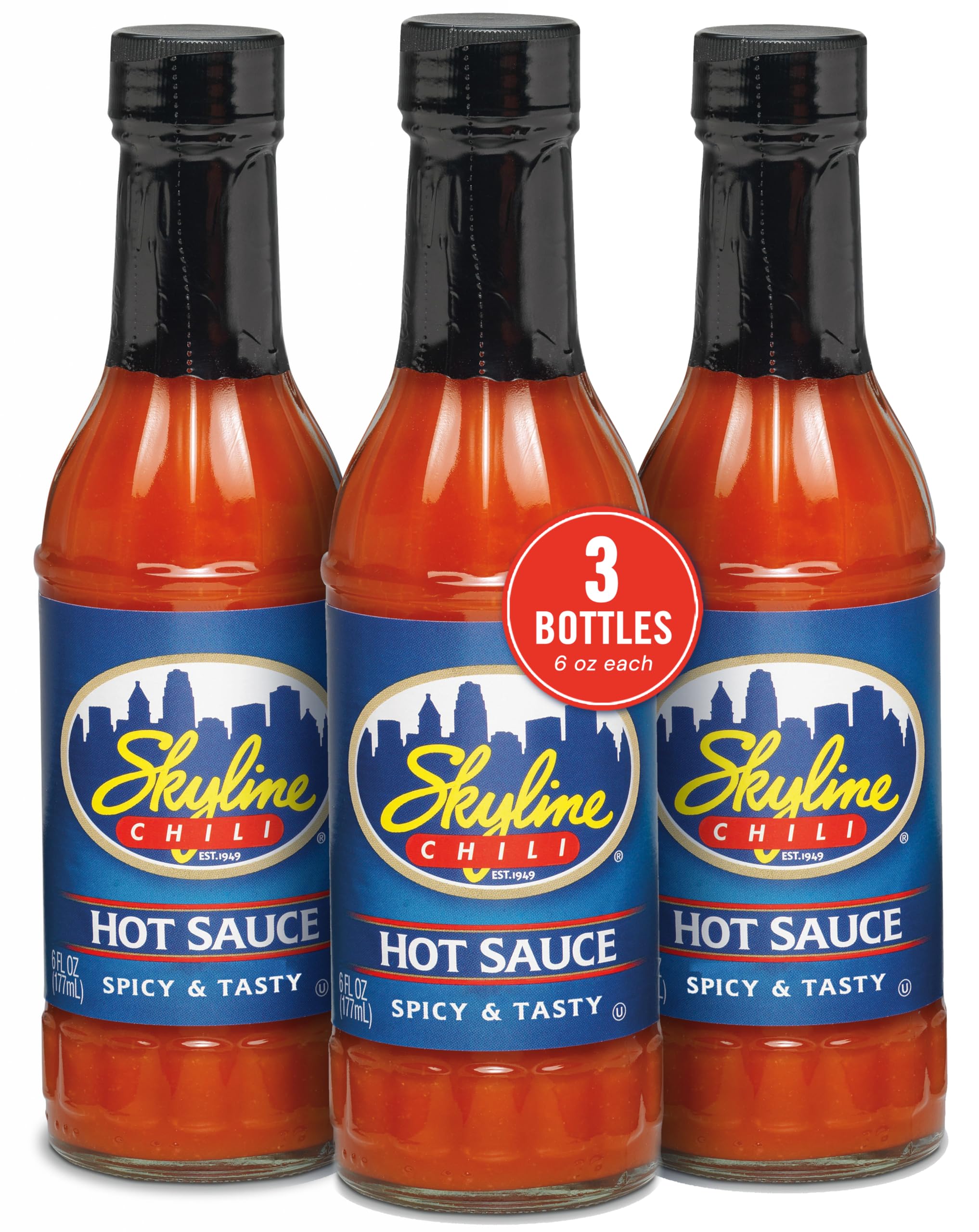 Skyline Chili front packaging showing three bottles and authentic Cincinnati flavor boost