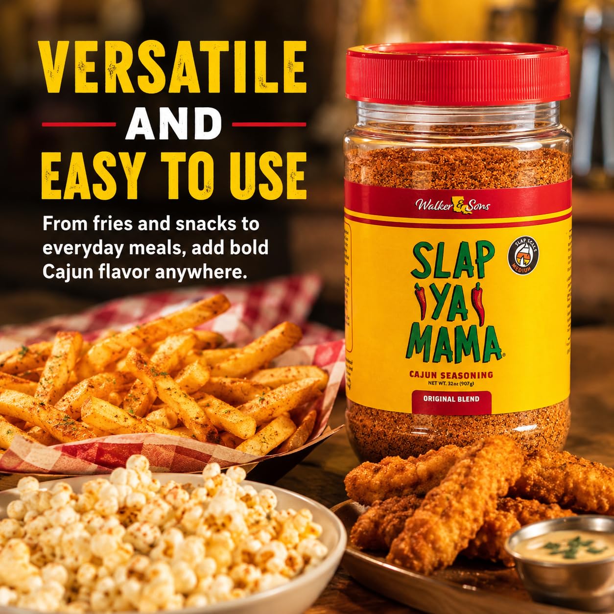 32 oz canister beside smaller jars illustrating Slap Ya Mama value and quantity benefit