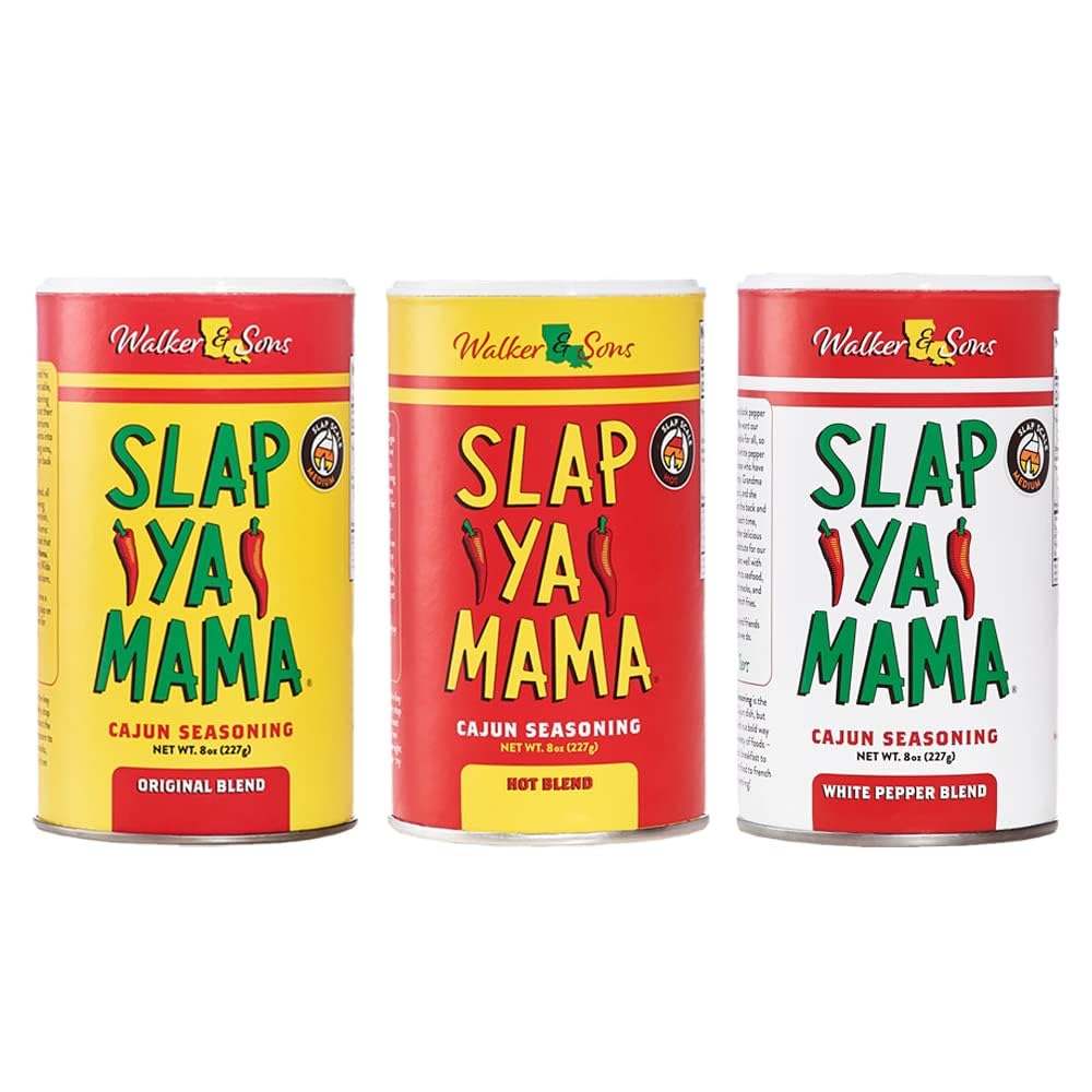 SLAP YA MAMA front packaging trio showing all three canisters and variety benefits