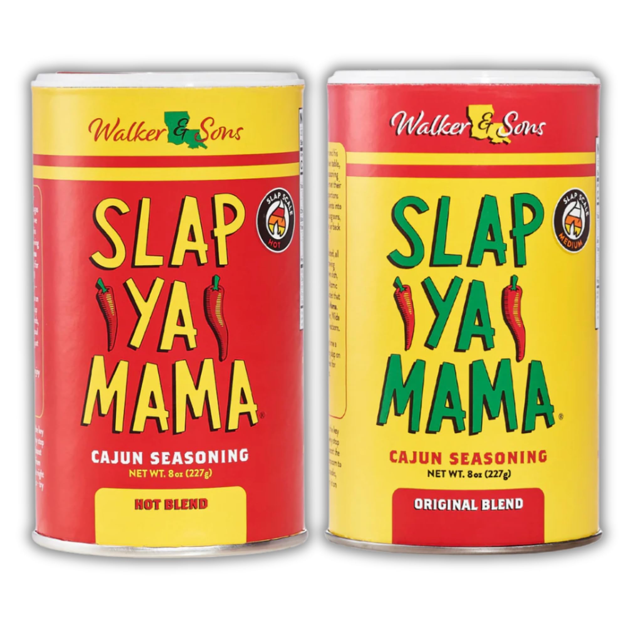 SLAP YA MAMA front packaging showing both 8 oz tins and clear assortment benefit