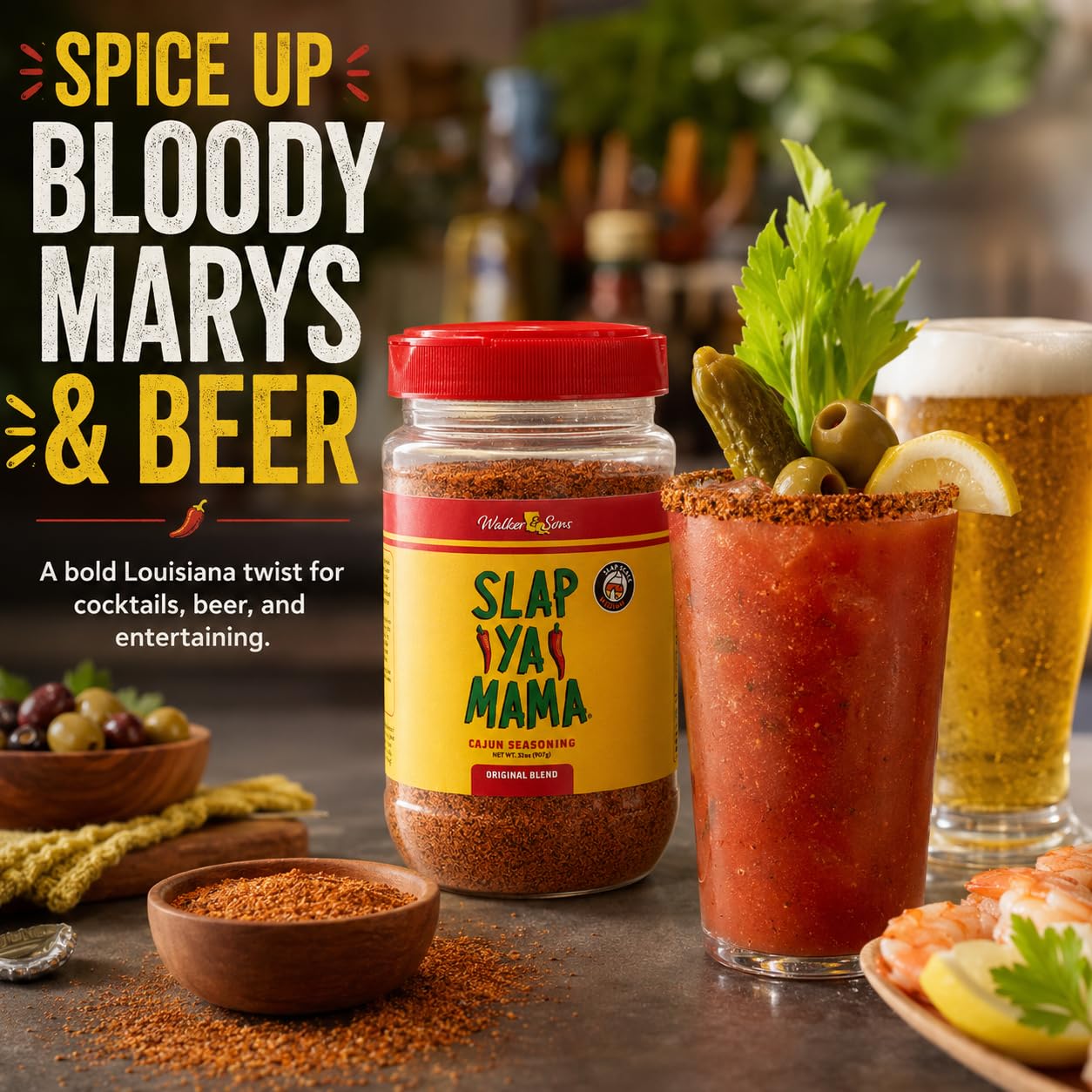 kitchen shelf with Slap Ya Mama canister displaying pantry-ready convenience benefit