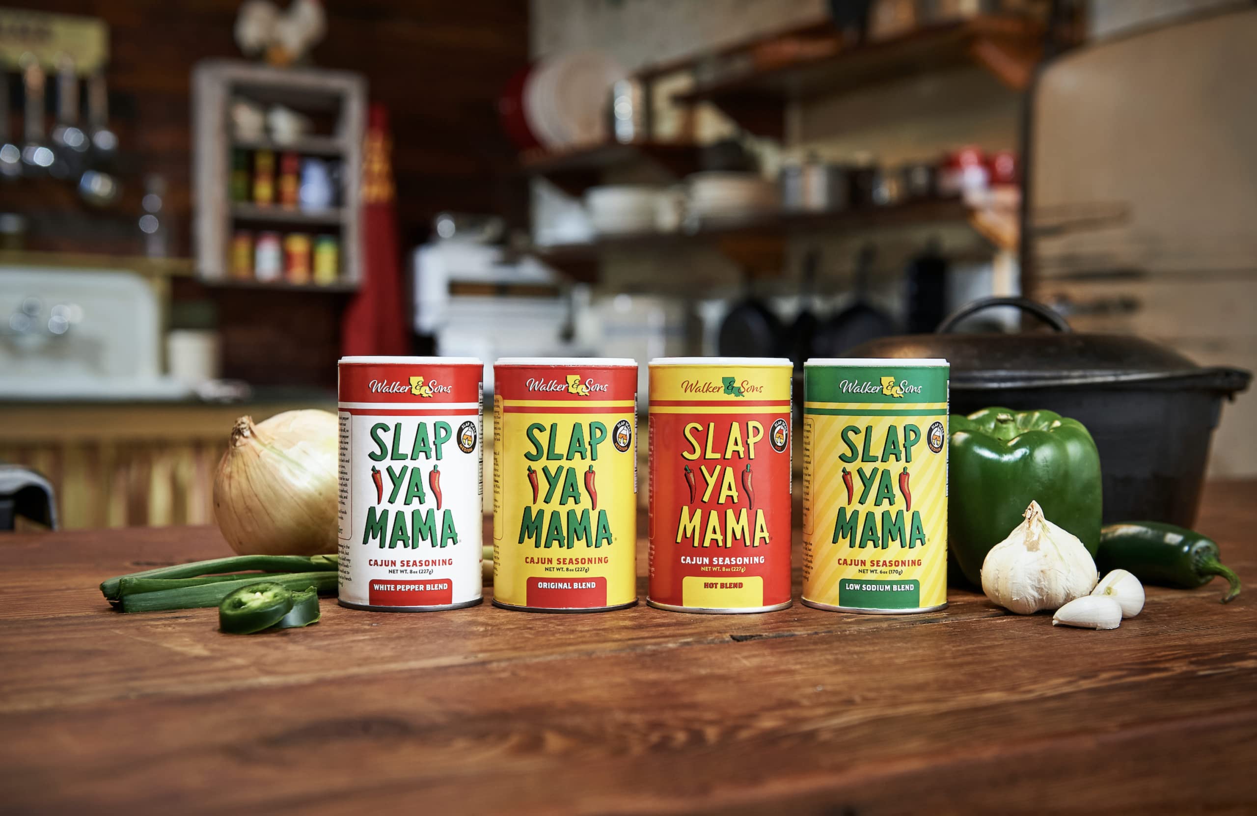 SLAP YA MAMA kitchen setup with combo staged near steak and vegetables to inspire meals