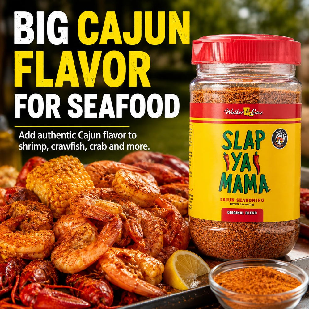 label close-up reading kosher no MSG on Slap Ya Mama conveying dietary clarity benefit