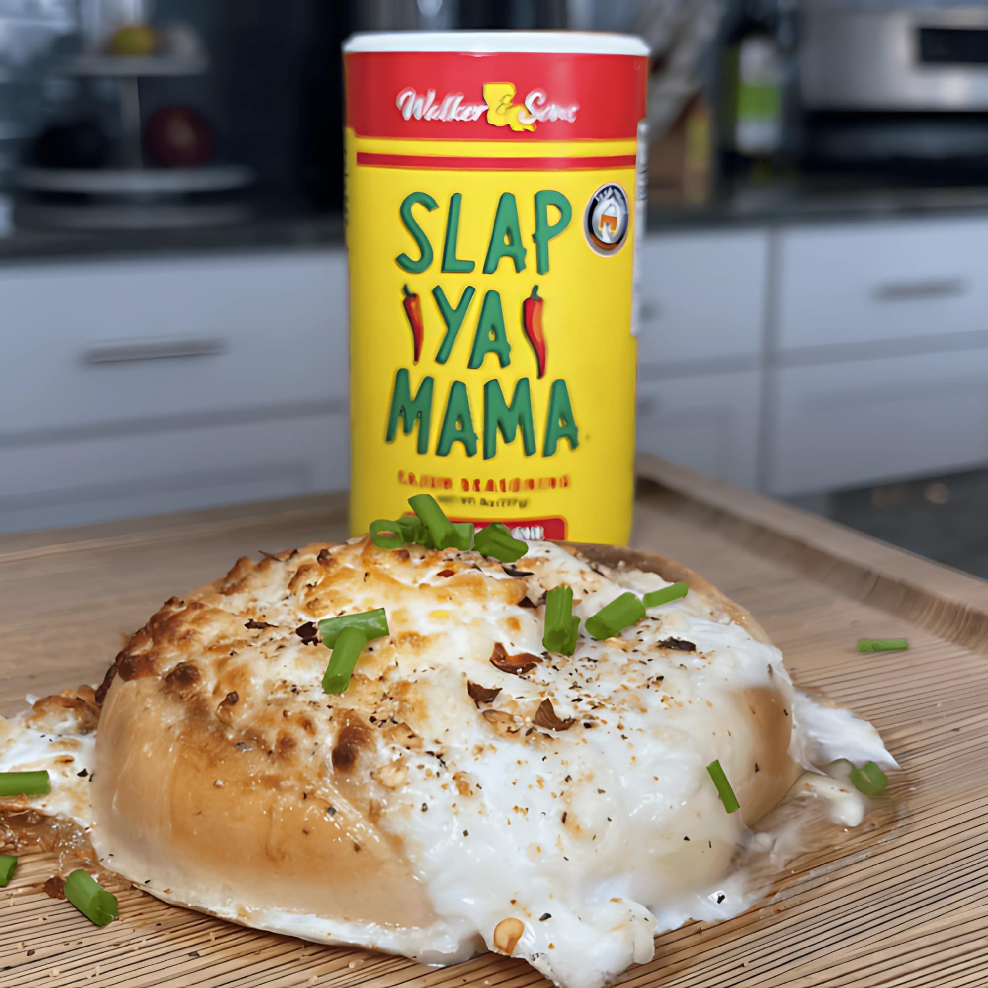 SLAP YA MAMA on kitchen shelf illustrating compact size and pantry-ready benefit