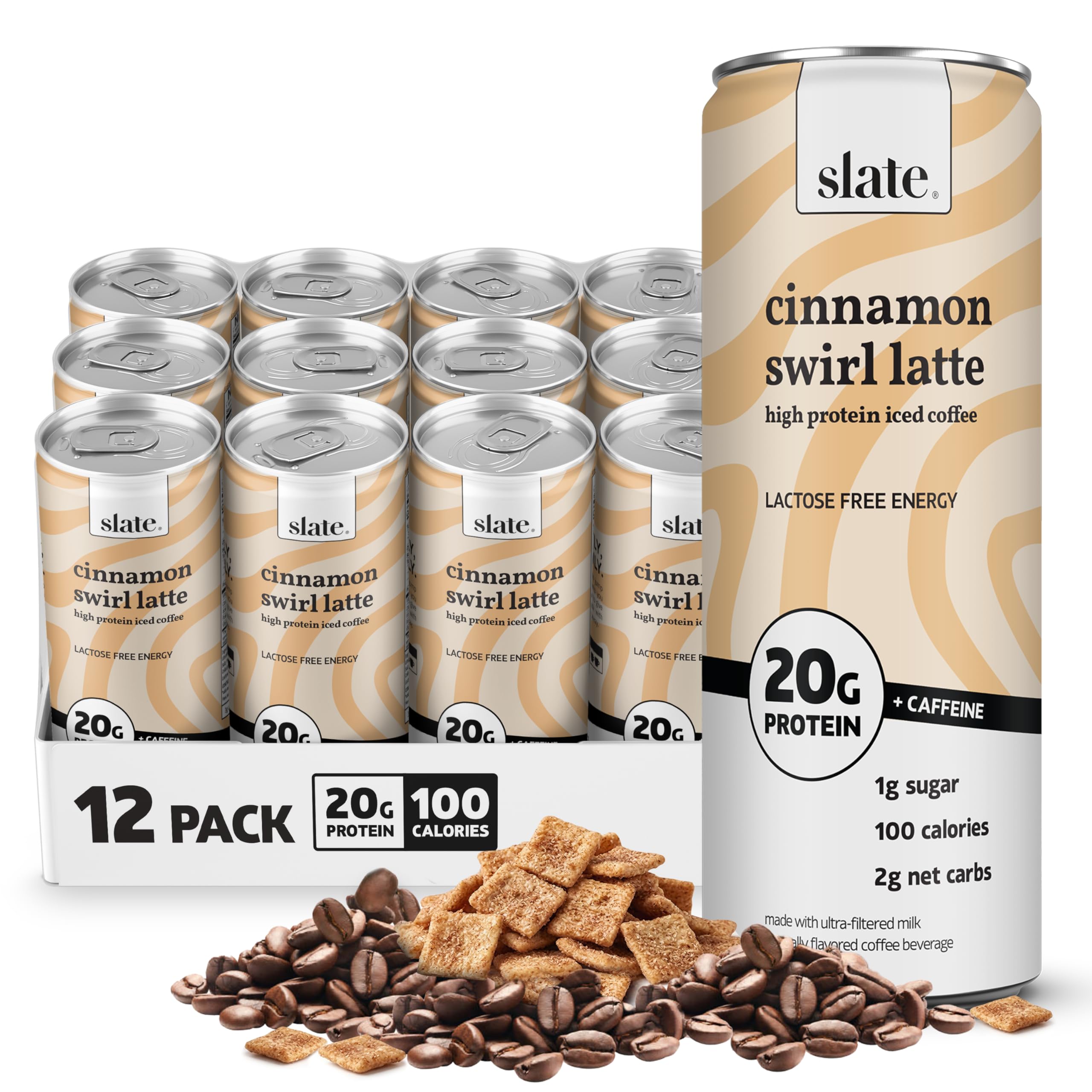 Slate front can view showing cinnamon swirl latte flavor and portability benefit