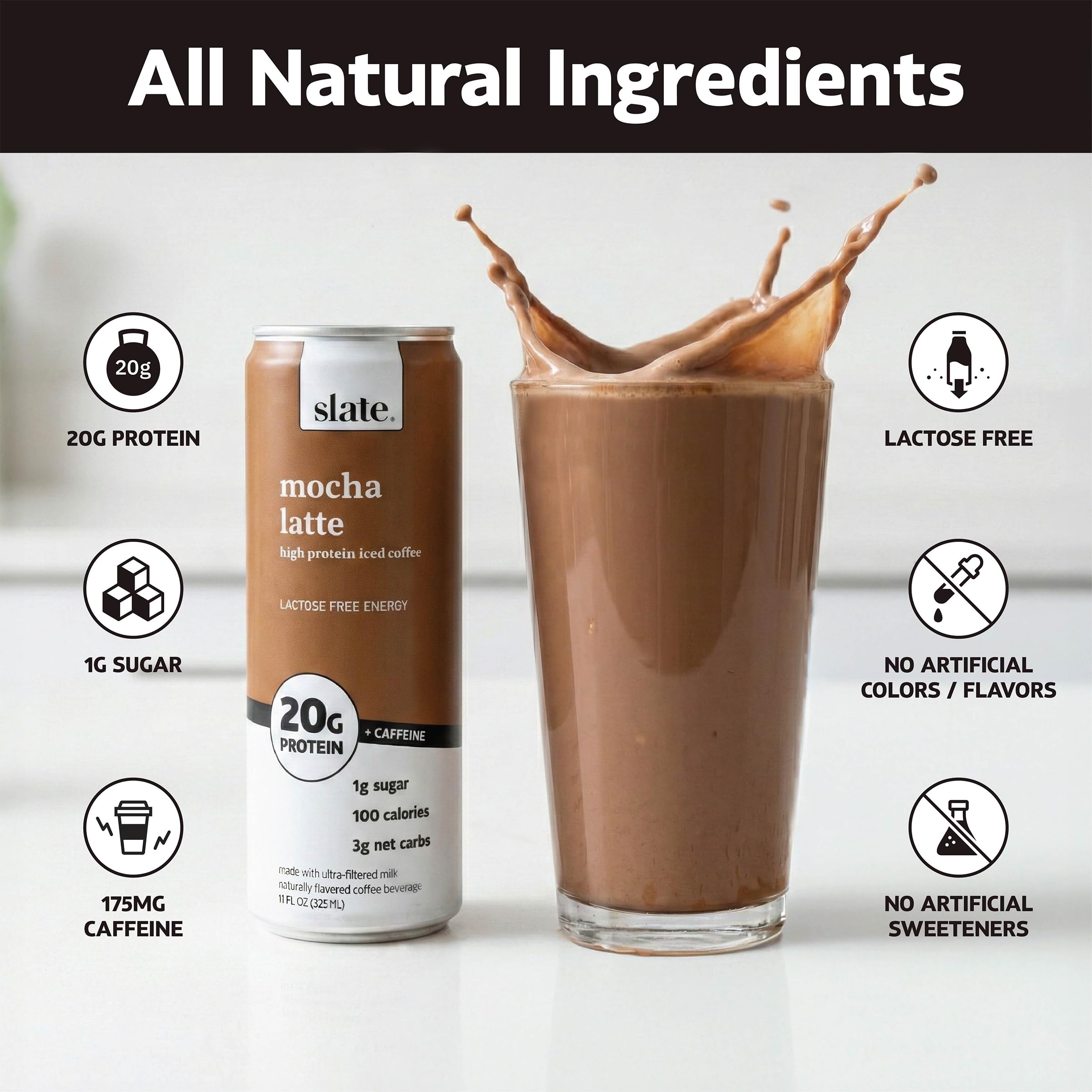 Slate close-up of a Mocha Latte can label showing flavor and caffeine information