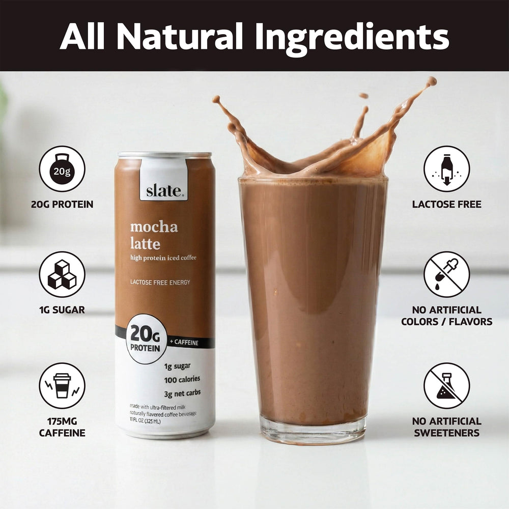 Slate close-up of a Mocha Latte can label showing flavor and caffeine information
