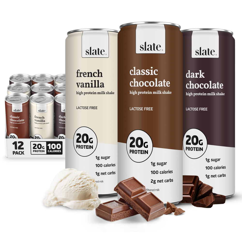 Slate front packaging showing three-can Core Variety pack and protein benefit