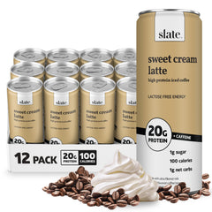 Slate Sweet Cream Latte front can showing brand and flavor, convenient high‑protein boost