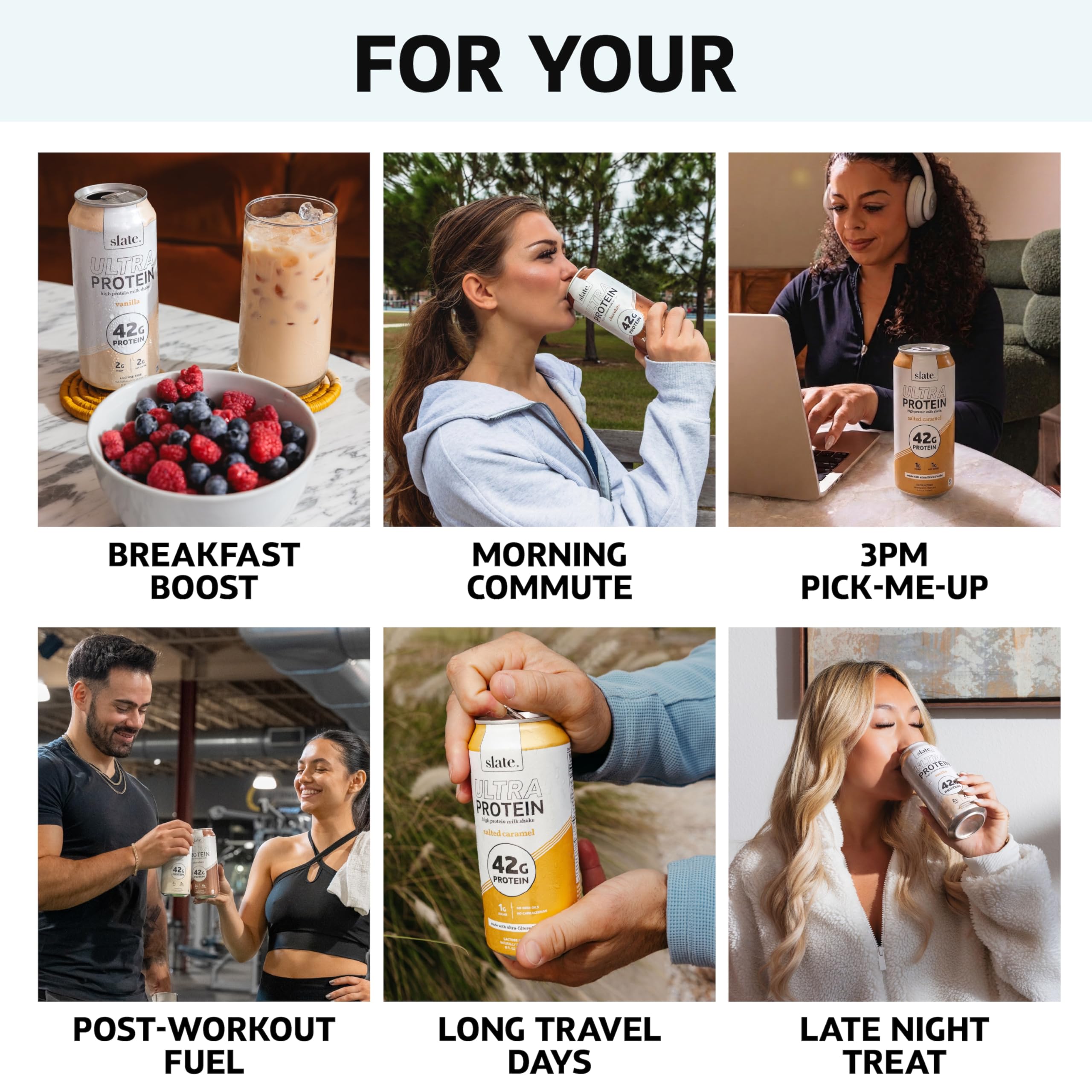 Slate Vanilla on table with breakfast items showing convenient ready-to-drink benefit