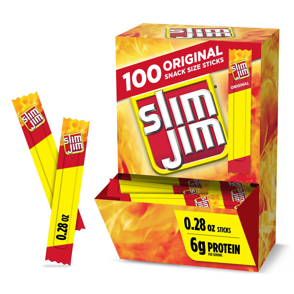 Slim Jim front packaging showing two 100-count boxes and bold branding for pantry convenience