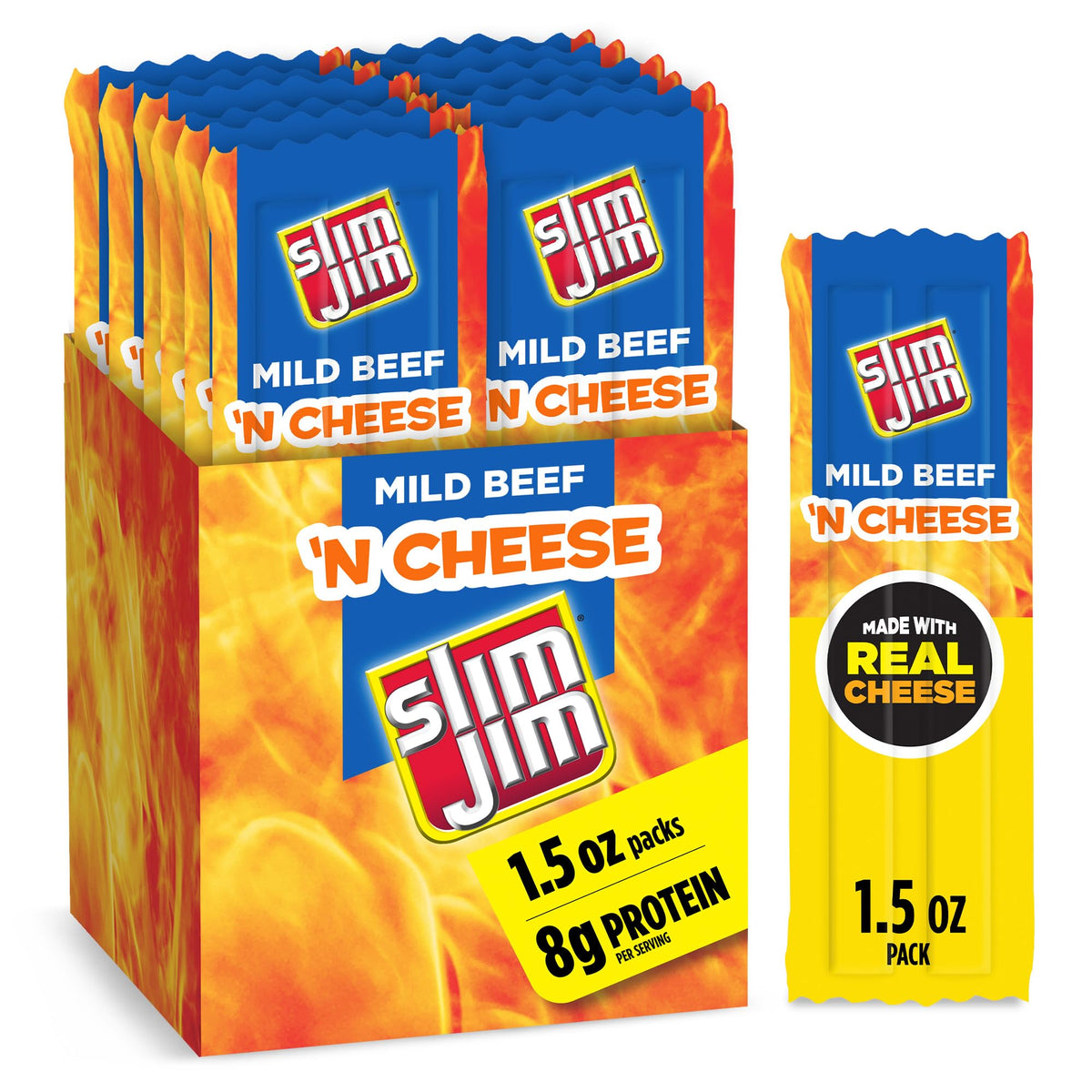 Slim Jim front packaging showing 18-count box and brand for convenient snacking