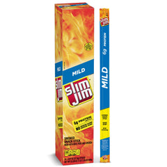 Slim Jim front packaging showing brand and mild flavor, highlights convenience