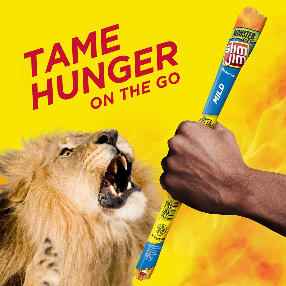 Slim Jim stick in hand showing size and single-serve portion