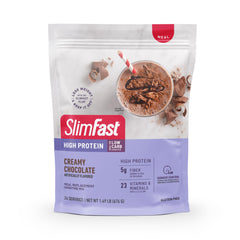 SlimFast canister front view showing milk chocolate flavor and servings benefit