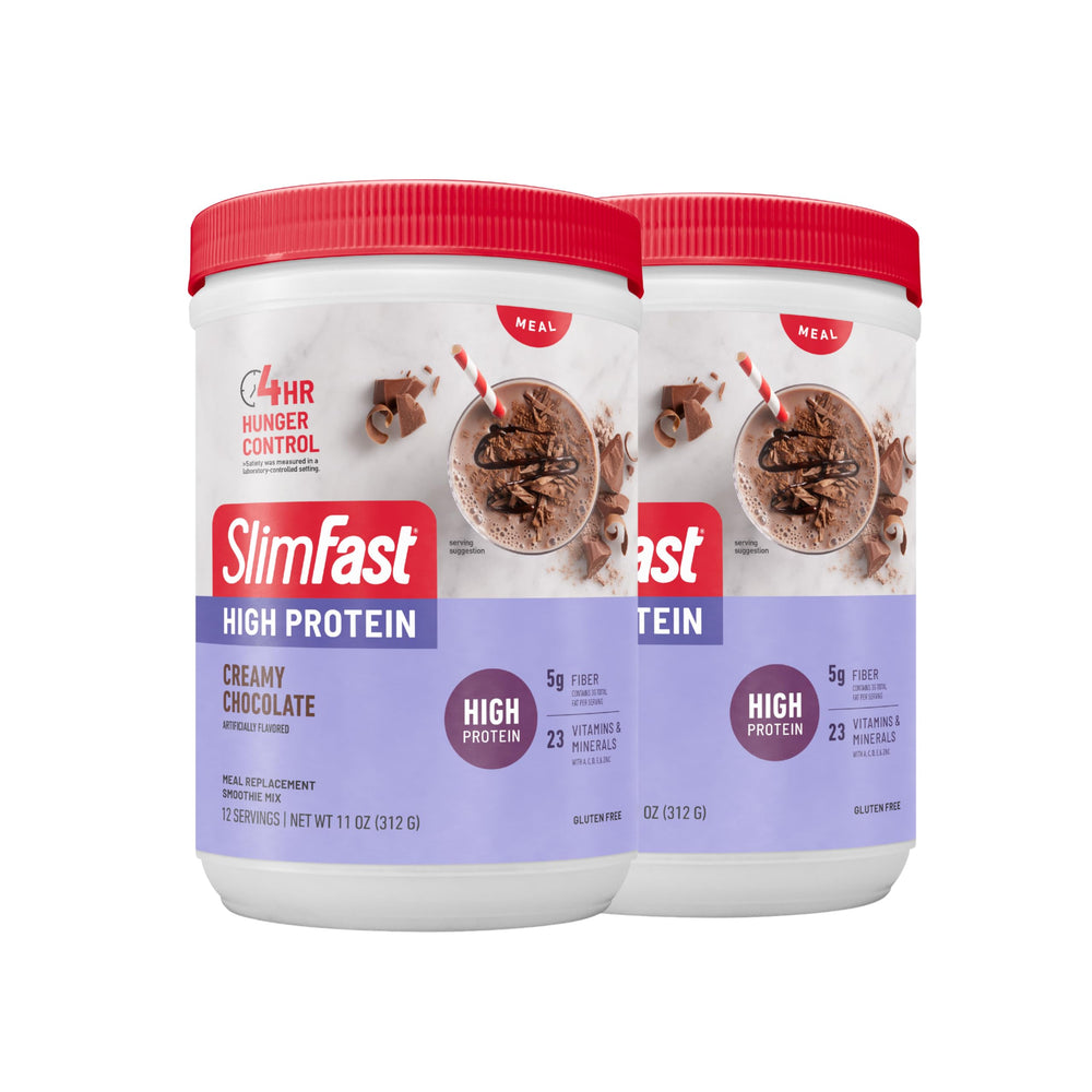 SlimFast front packaging showing chocolate flavor and servings benefit convenience