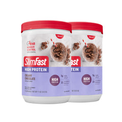 SlimFast front packaging showing chocolate flavor and servings benefit convenience