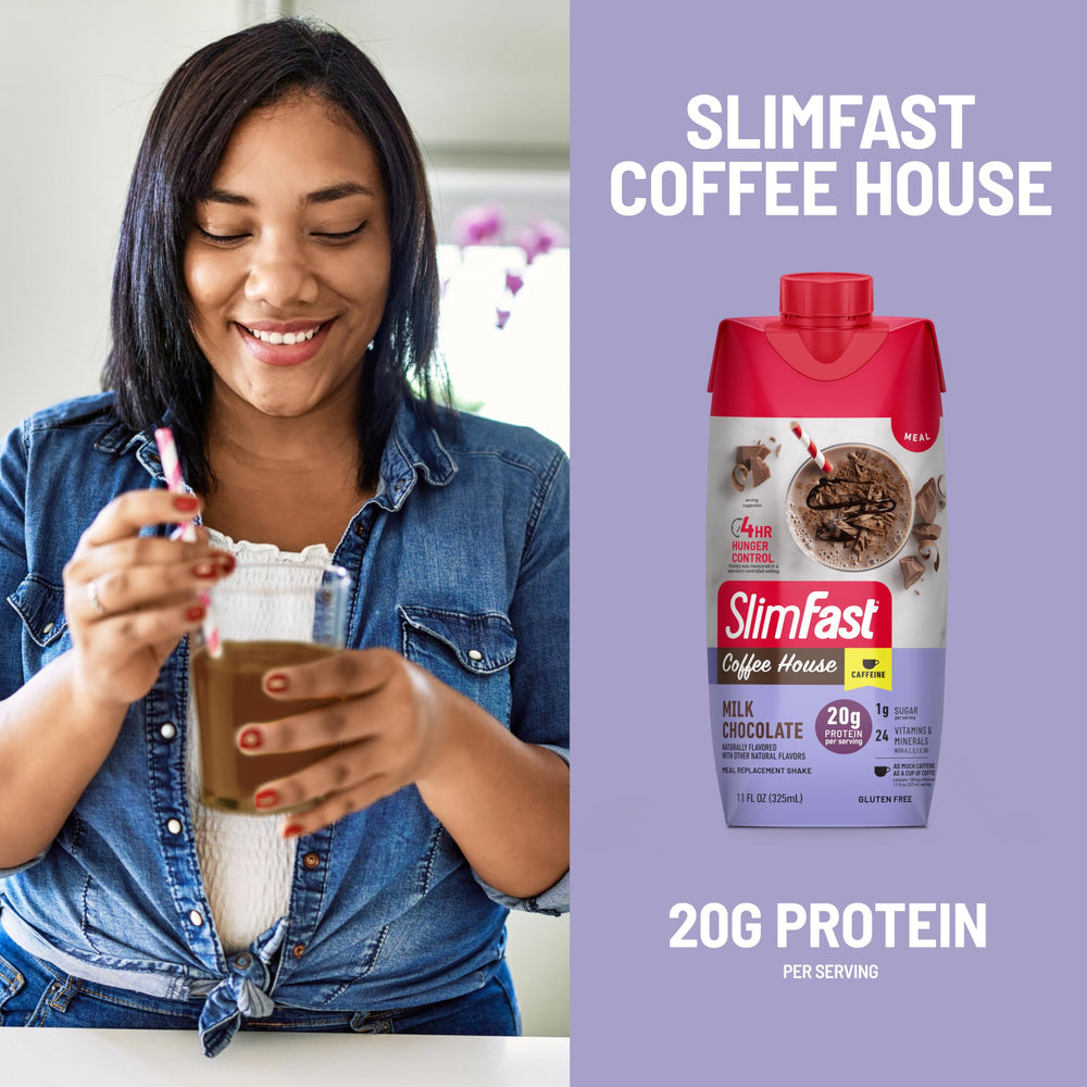 SlimFast bottle in hand for on-the-go convenience and quick meal option