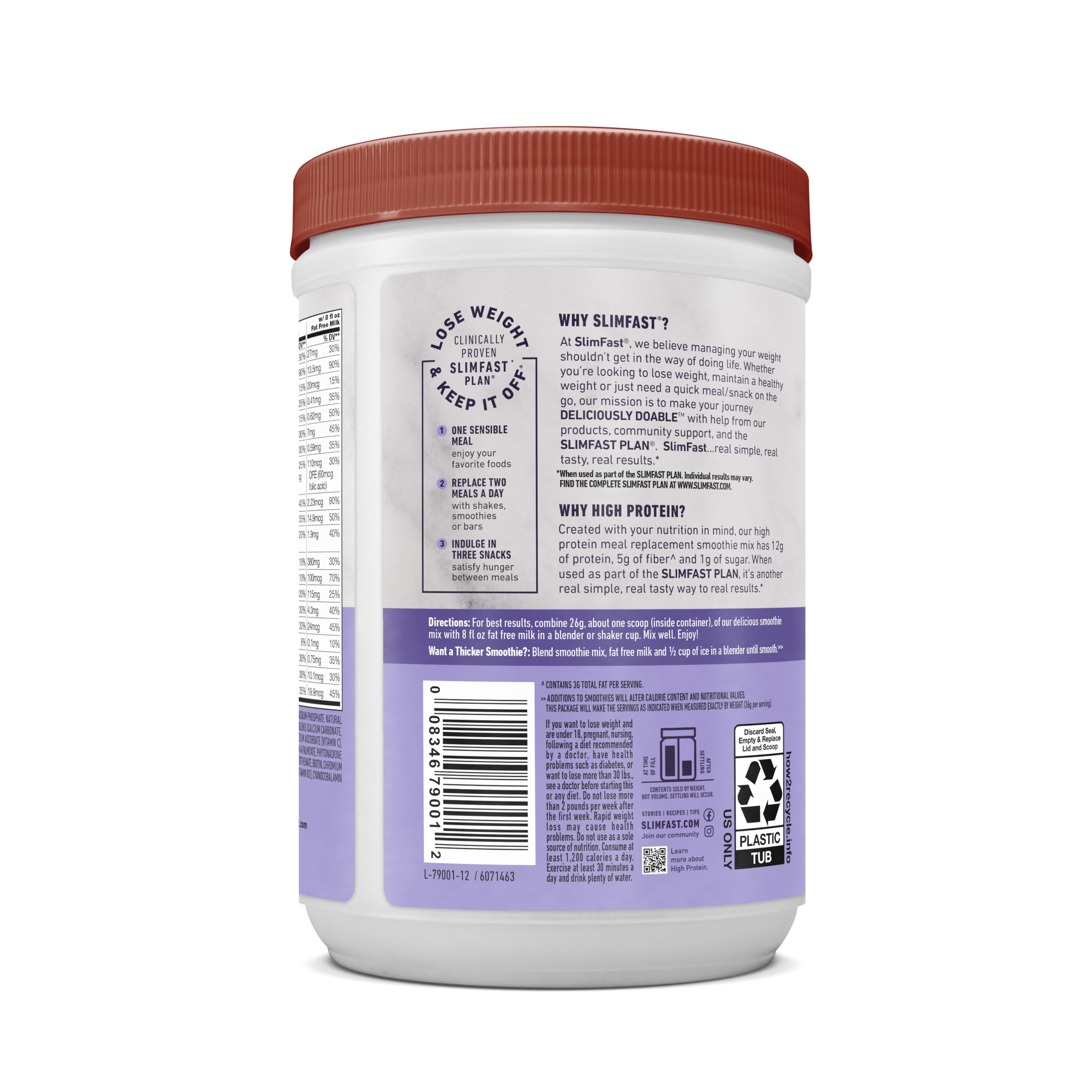 SlimFast nutrition label close-up, brand showing vitamins, minerals and fiber benefit