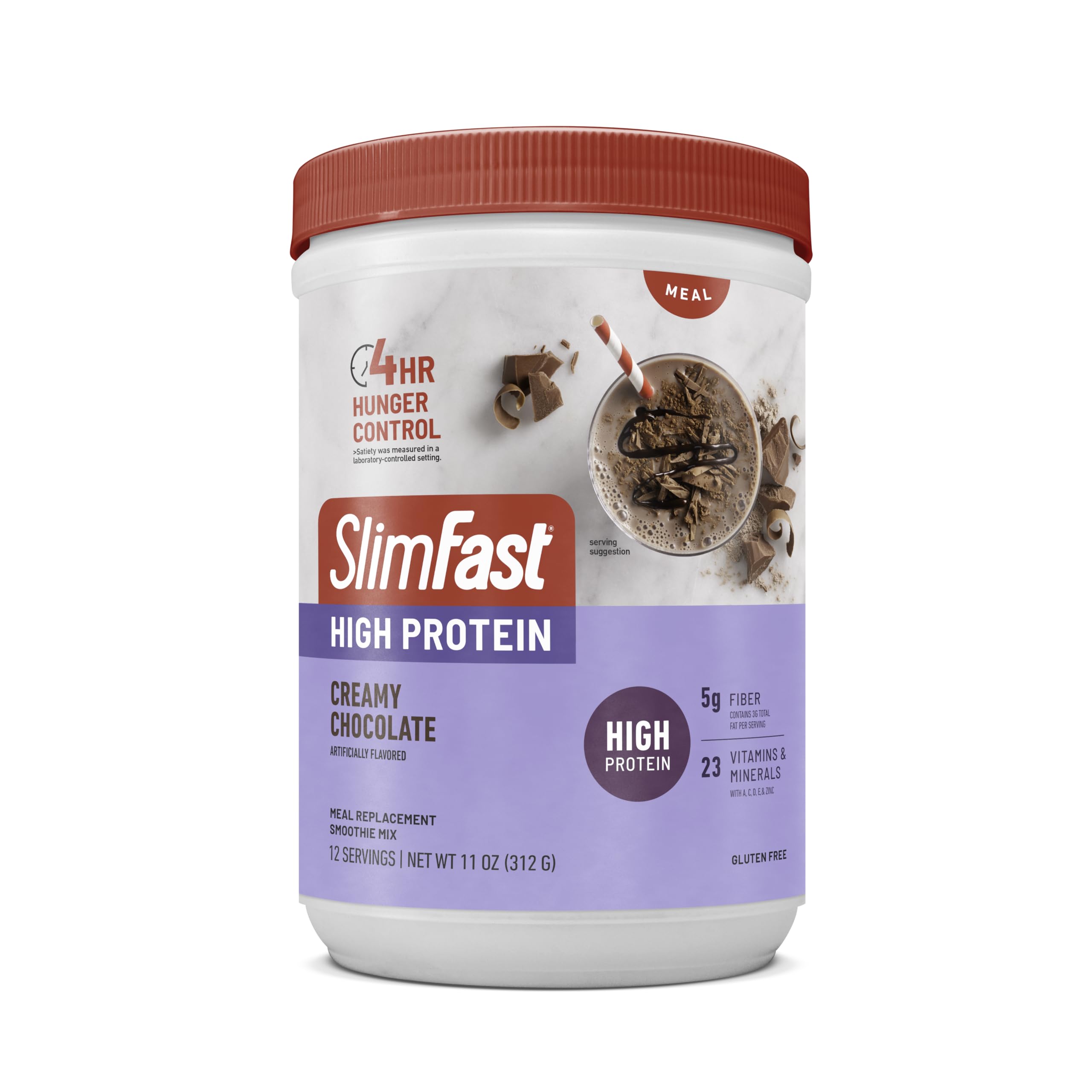 SlimFast mixed with milk in tumbler, brand demonstrating boosted 20g protein benefit