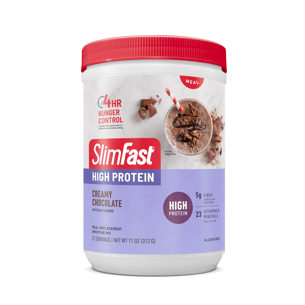 SlimFast mixed with milk in tumbler, brand demonstrating boosted 20g protein benefit