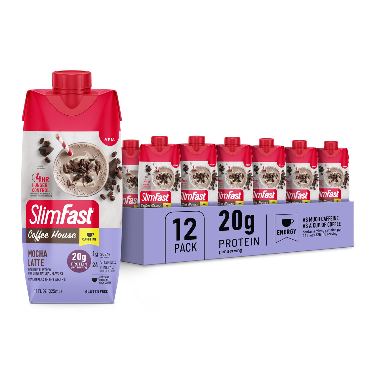 SlimFast front packaging showing mocha latte bottle and benefits