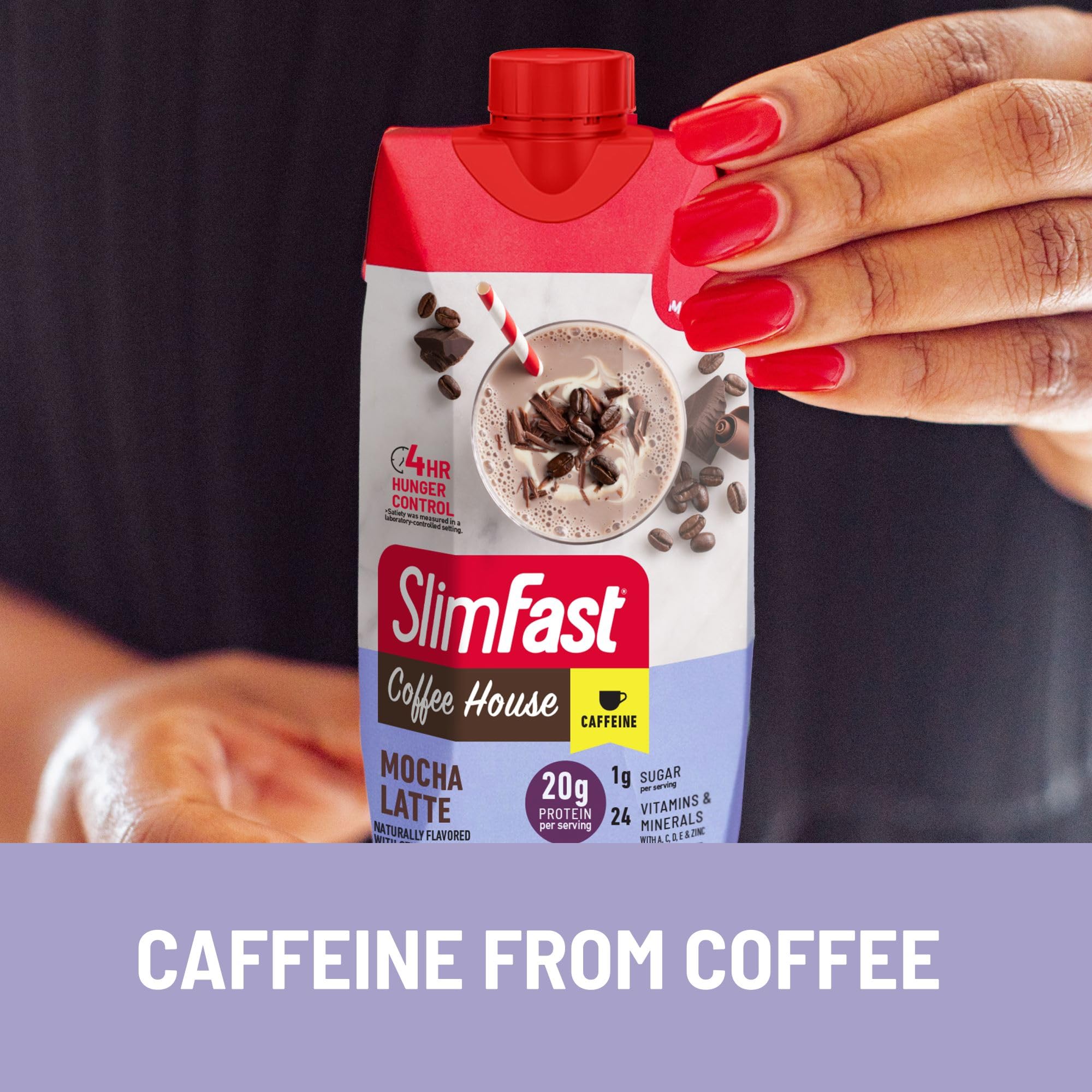 SlimFast bottle staged with coffee beans to illustrate mocha flavor