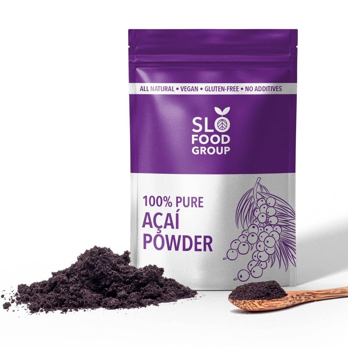 Slofoodgroup front packaging showing pure acai powder and weight benefit
