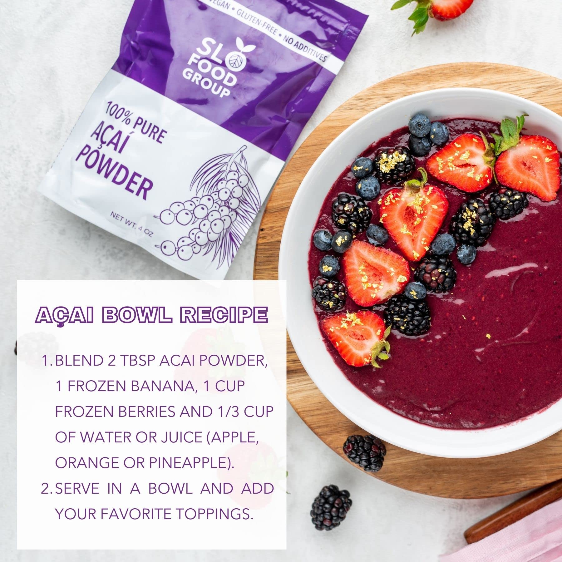 Slofoodgroup ingredient label close-up confirming pure Brazilian acai sourcing