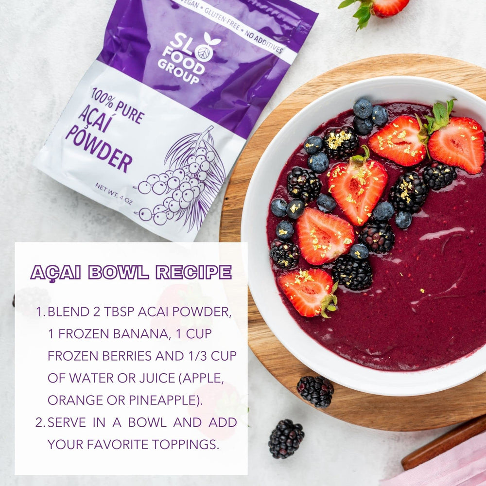 Slofoodgroup ingredient label close-up confirming pure Brazilian acai sourcing