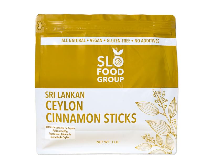Slofoodgroup front packaging displaying 1 lb Ceylon cinnamon sticks, highlights freshness