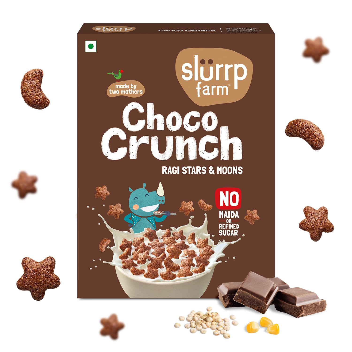 slurrp farm front packaging showing 300g chocolate ragi cereal and benefits