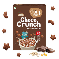 slurrp farm front packaging showing 300g chocolate ragi cereal and benefits