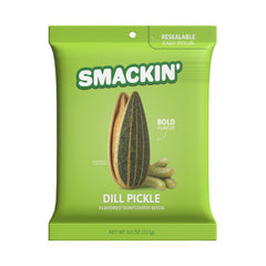 SMACKIN' front bag packaging showing dill pickle flavor and easy pour seal for freshness