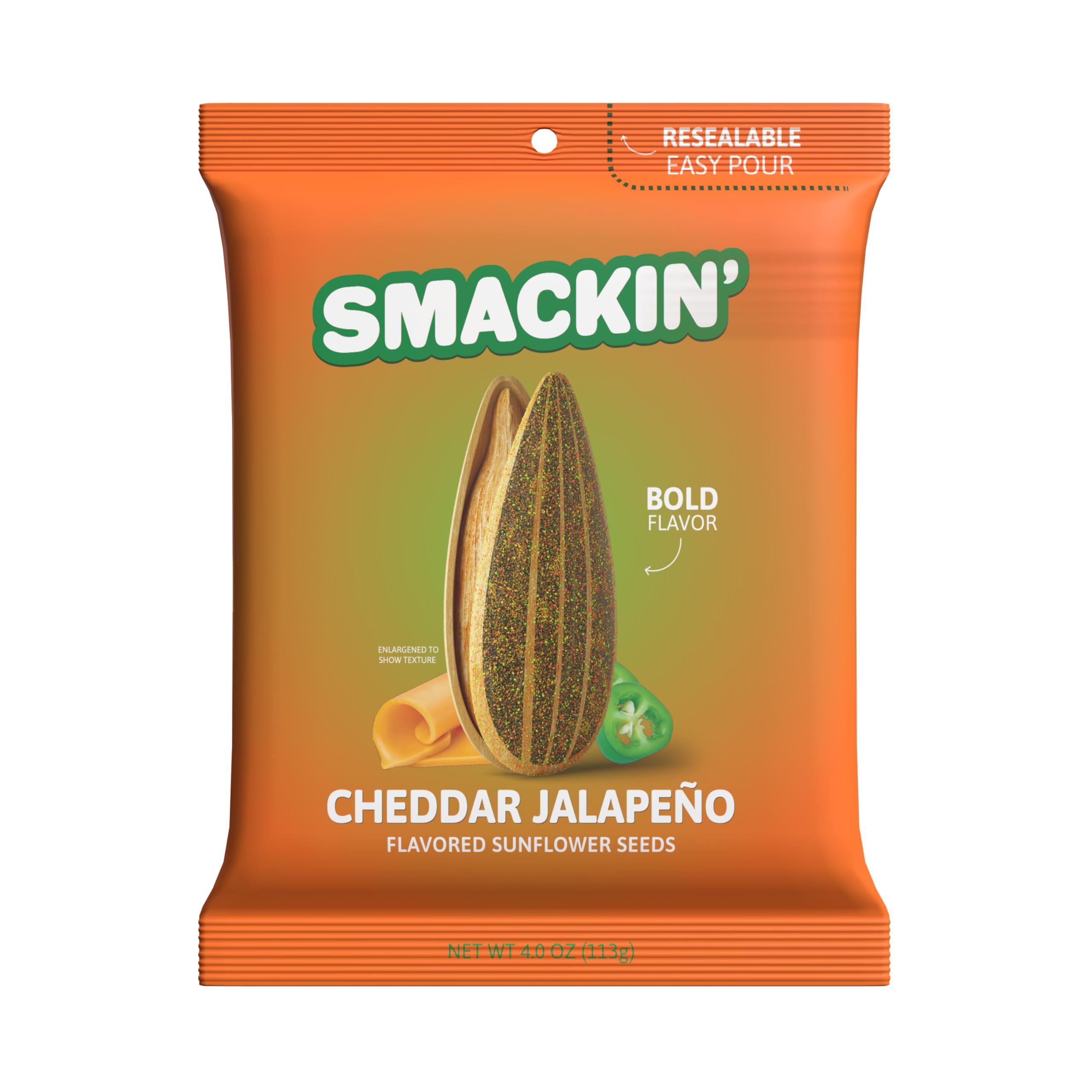 SMACKIN' front packaging showing cheddar jalapeño flavor and resealable benefit