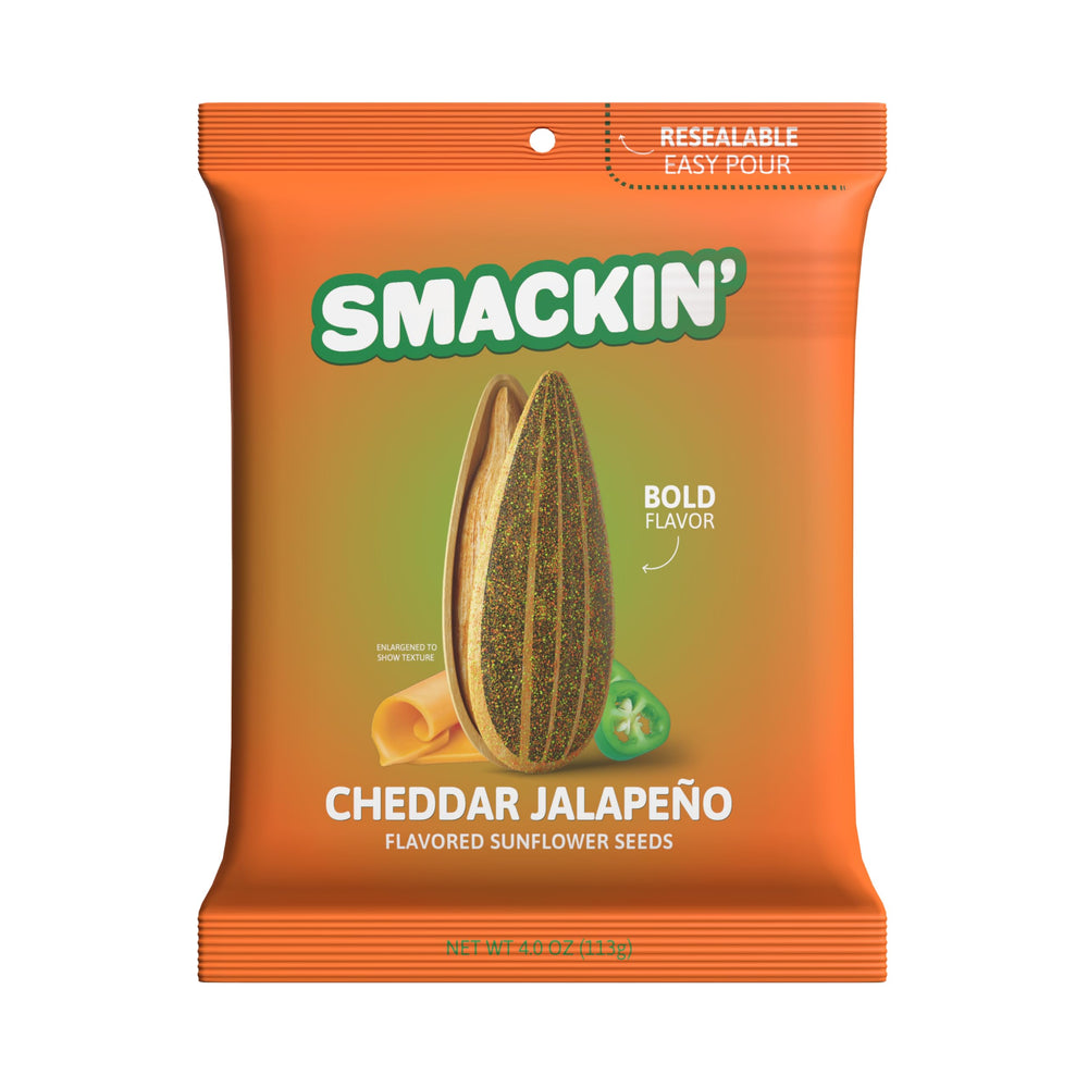SMACKIN' front packaging showing cheddar jalapeño flavor and resealable benefit