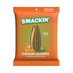 SMACKIN' front packaging showing cheddar jalapeño flavor and resealable benefit