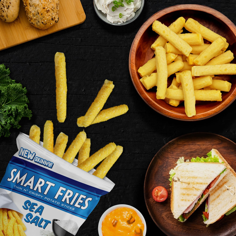 SMART FRIES next to a ruler showing compact 0.6 oz bag size