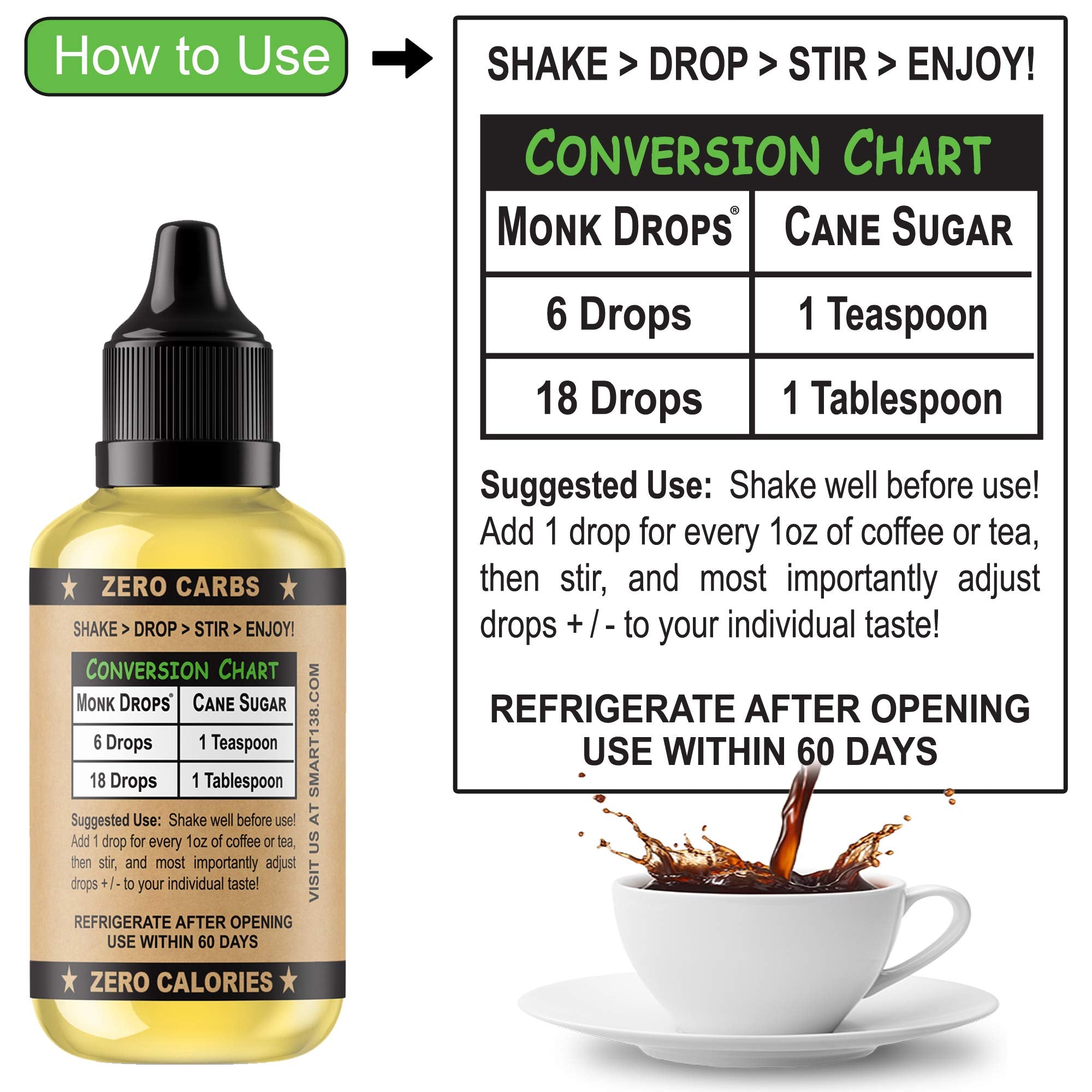 Smart138 Monk Drops being added to coffee illustrating quick mixing benefit