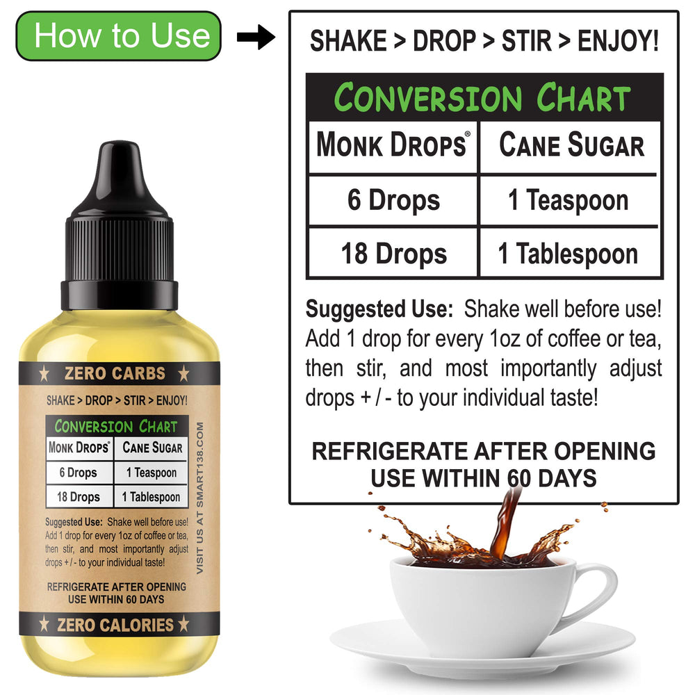 Smart138 Monk Drops being added to coffee illustrating quick mixing benefit