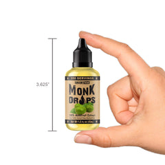 Smart138 Monk Drops beside a measuring spoon showing small-bottle longevity benefit