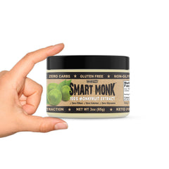 Smart138 Smart Monk jar next to teaspoon and fruit for size comparison and portion guidance
