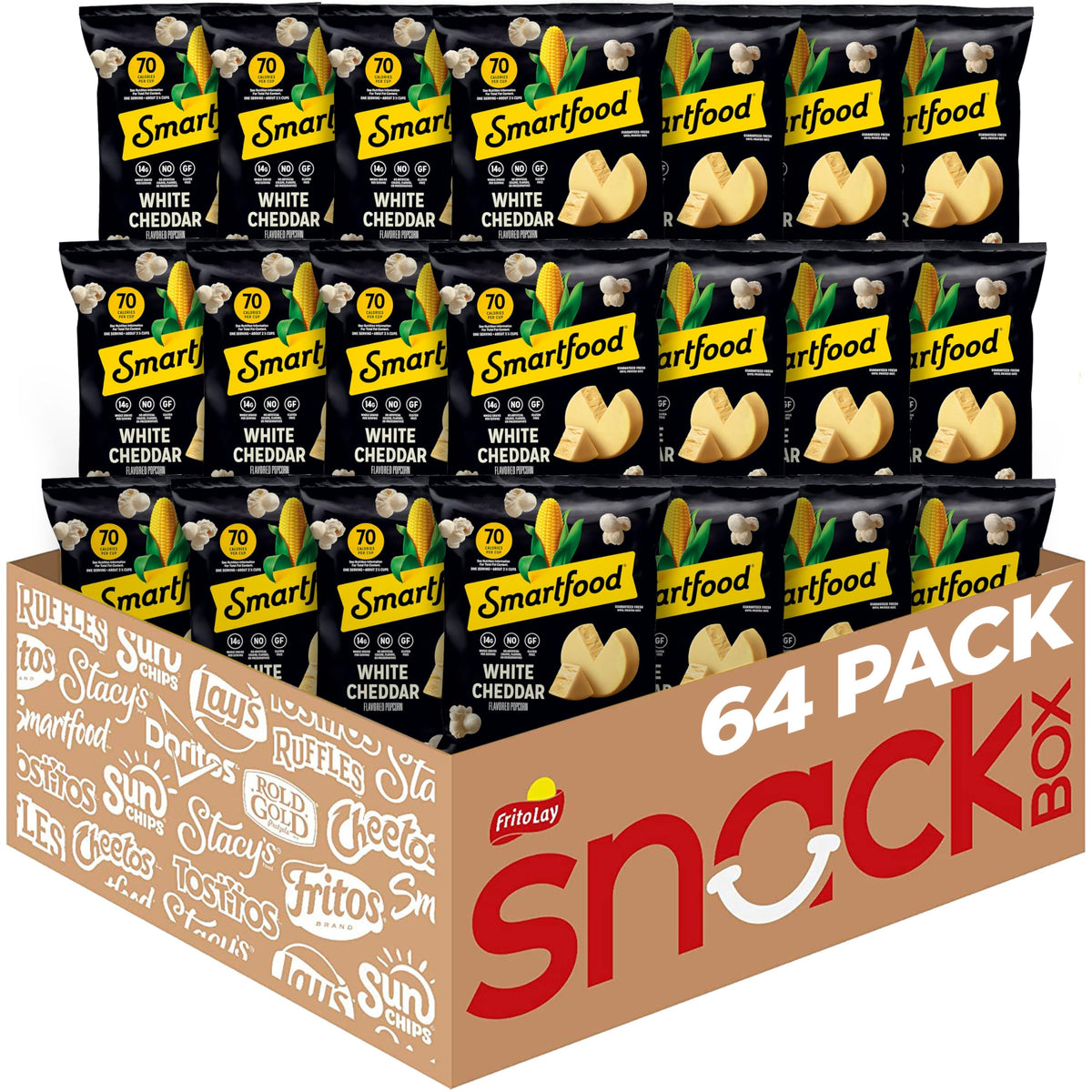 Smartfood front packaging showing brand and white cheddar flavor for quick identification and convenience